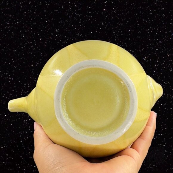 Vintage Light Yellow Stoneware Ceramic Teapot Yellow Glazed Paneled W Lid 9”W - Picture 3 of 16